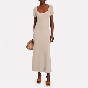 STAUD Cream Tan Ribbed Maxi Dress with V-Neck and Short Sleeves